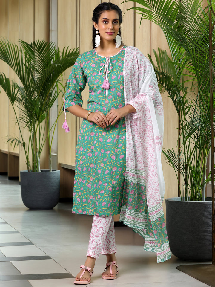 Green Printed Cotton Straight Suit With Dupatta