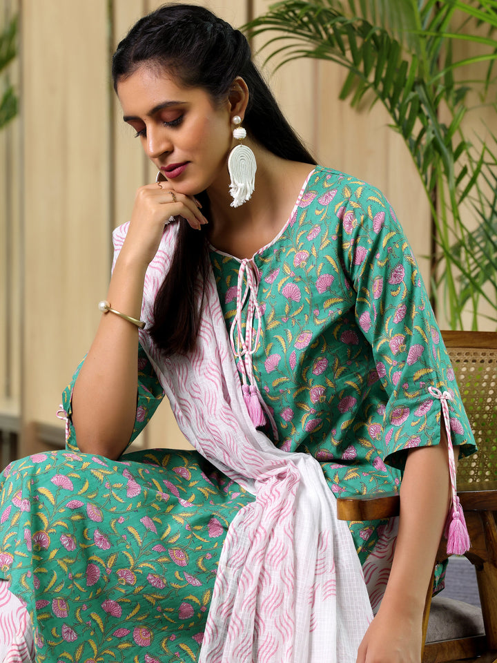 Green Printed Cotton Straight Suit With Dupatta
