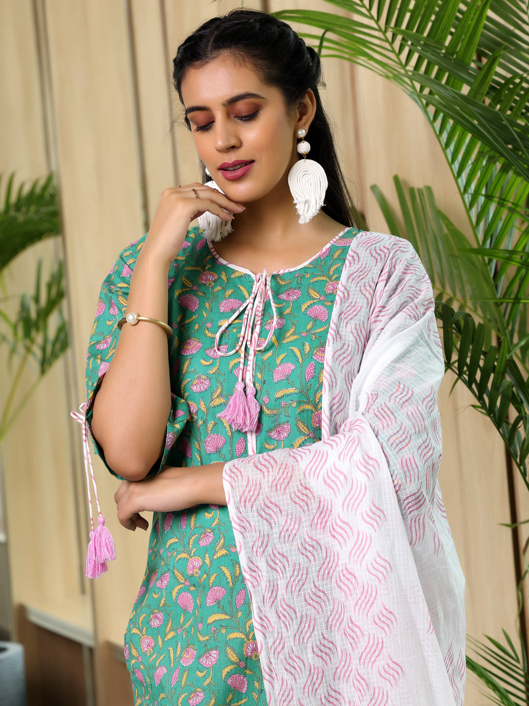 Green Printed Cotton Straight Suit With Dupatta