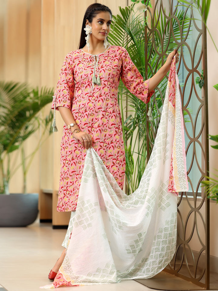 Peach Printed Cotton Straight Suit With Dupatta