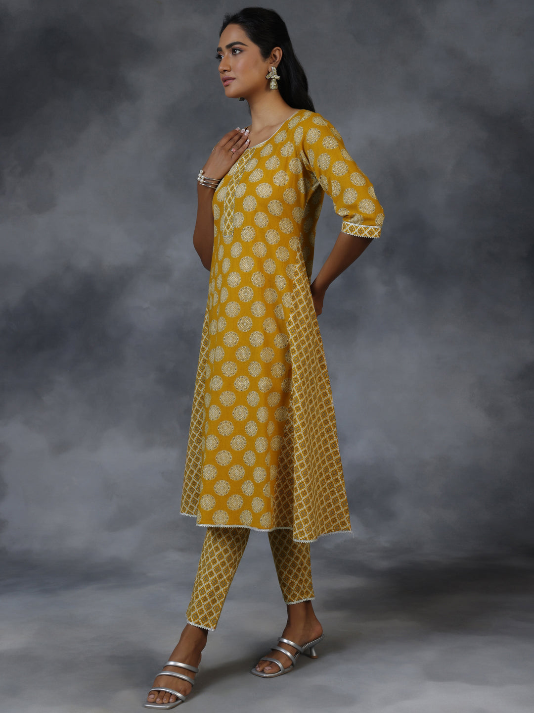 Mustard Printed Cotton A-Line Kurta With Trousers & Dupatta