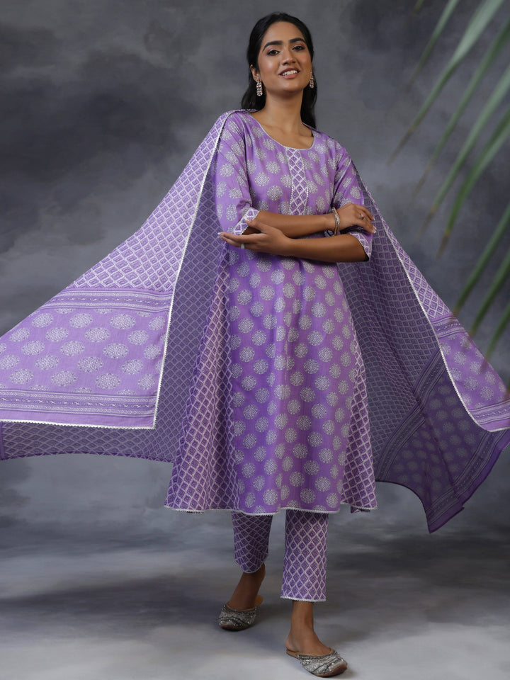 Purple Printed Cotton A-Line Kurta With Trousers & Dupatta