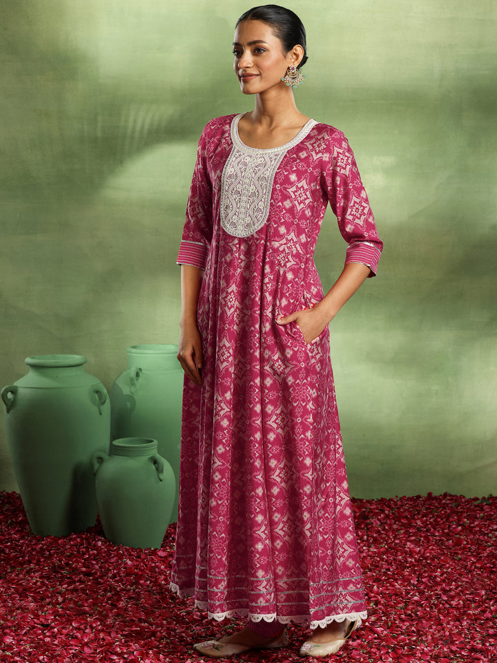 Pink Printed Silk Blend Anarkali Suit With Dupatta