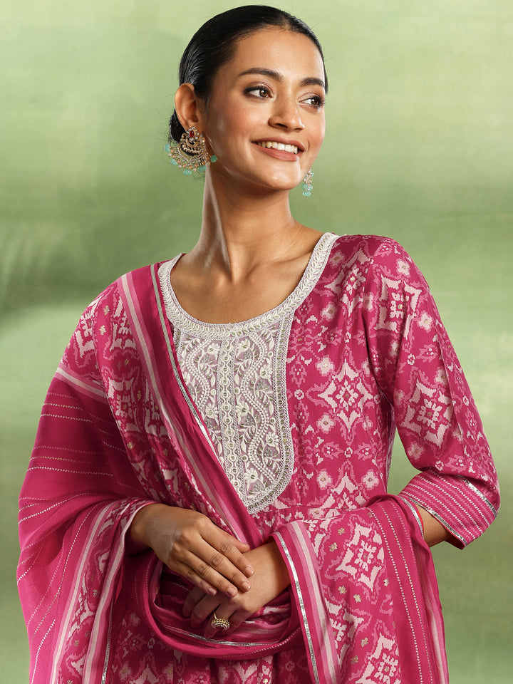 Pink Printed Silk Blend Anarkali Suit With Dupatta