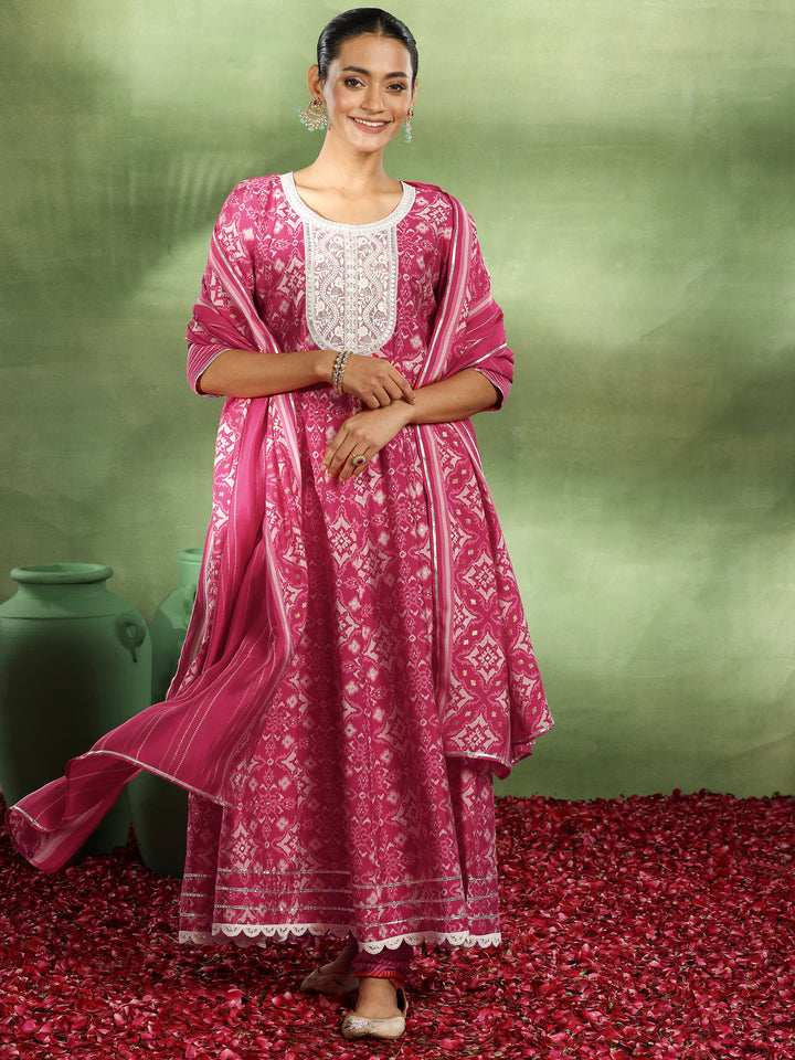 Pink Printed Silk Blend Anarkali Suit With Dupatta