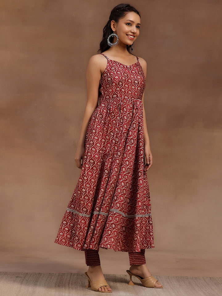 Rust Printed Silk Blend Anarkali Suit With Dupatta