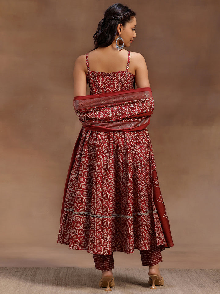 Rust Printed Silk Blend Anarkali Suit With Dupatta
