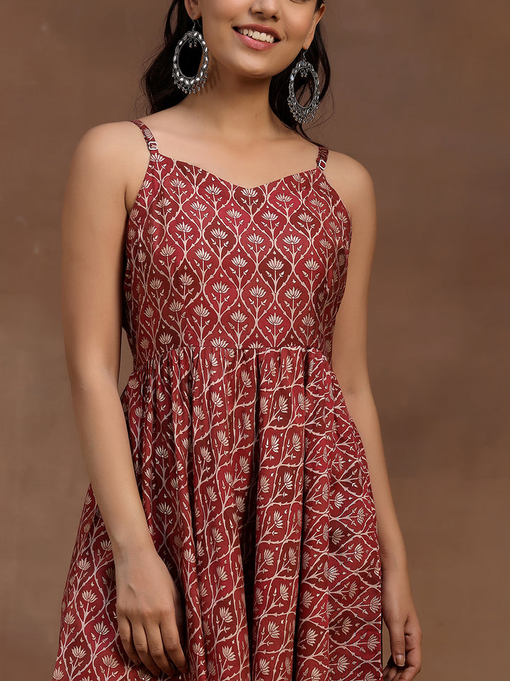 Rust Printed Silk Blend Anarkali Suit With Dupatta