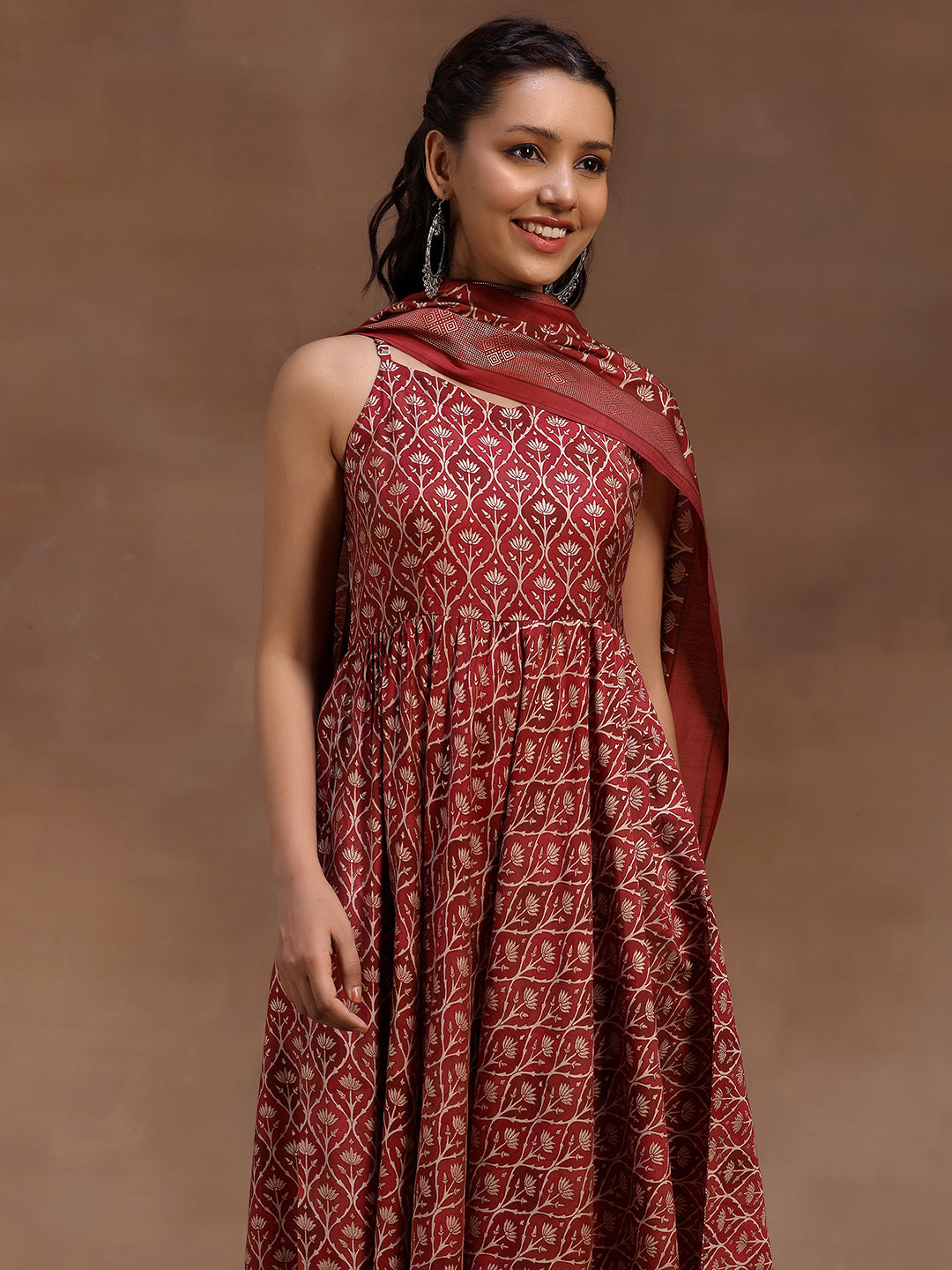 Rust Printed Silk Blend Anarkali Suit With Dupatta