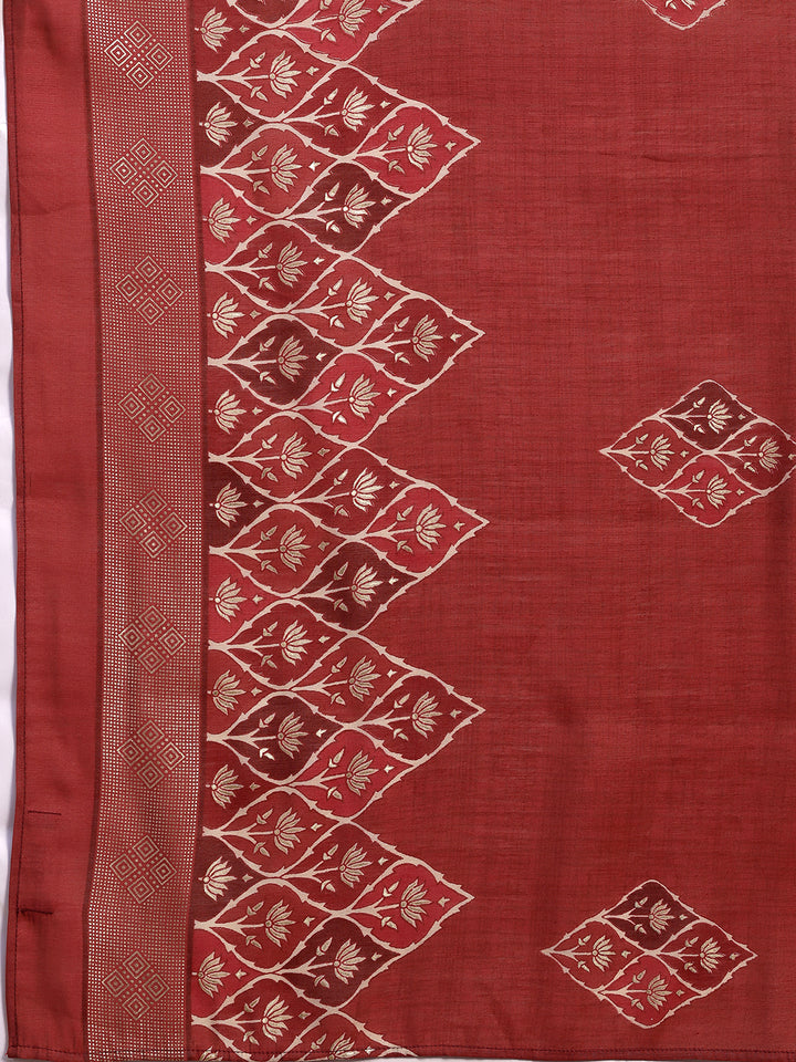 Rust Printed Silk Blend Anarkali Suit With Dupatta