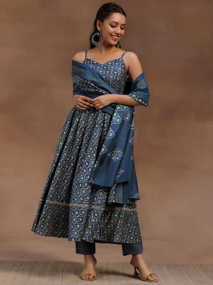 Blue Printed Silk Blend Anarkali Suit With Dupatta