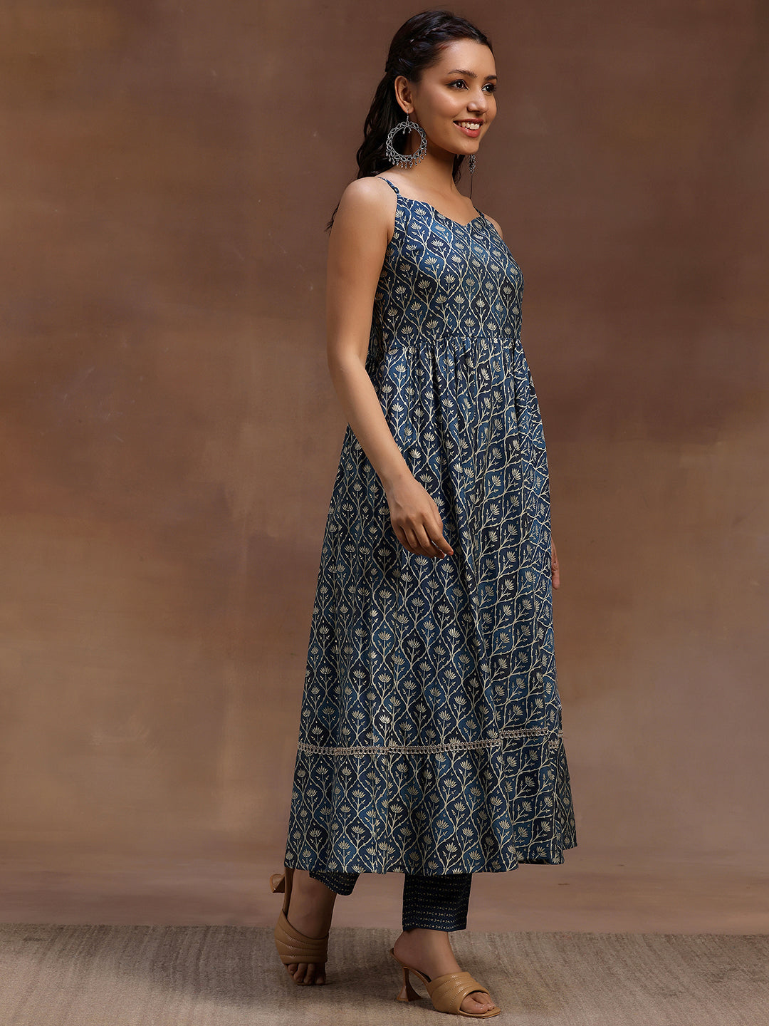 Blue Printed Silk Blend Anarkali Suit With Dupatta