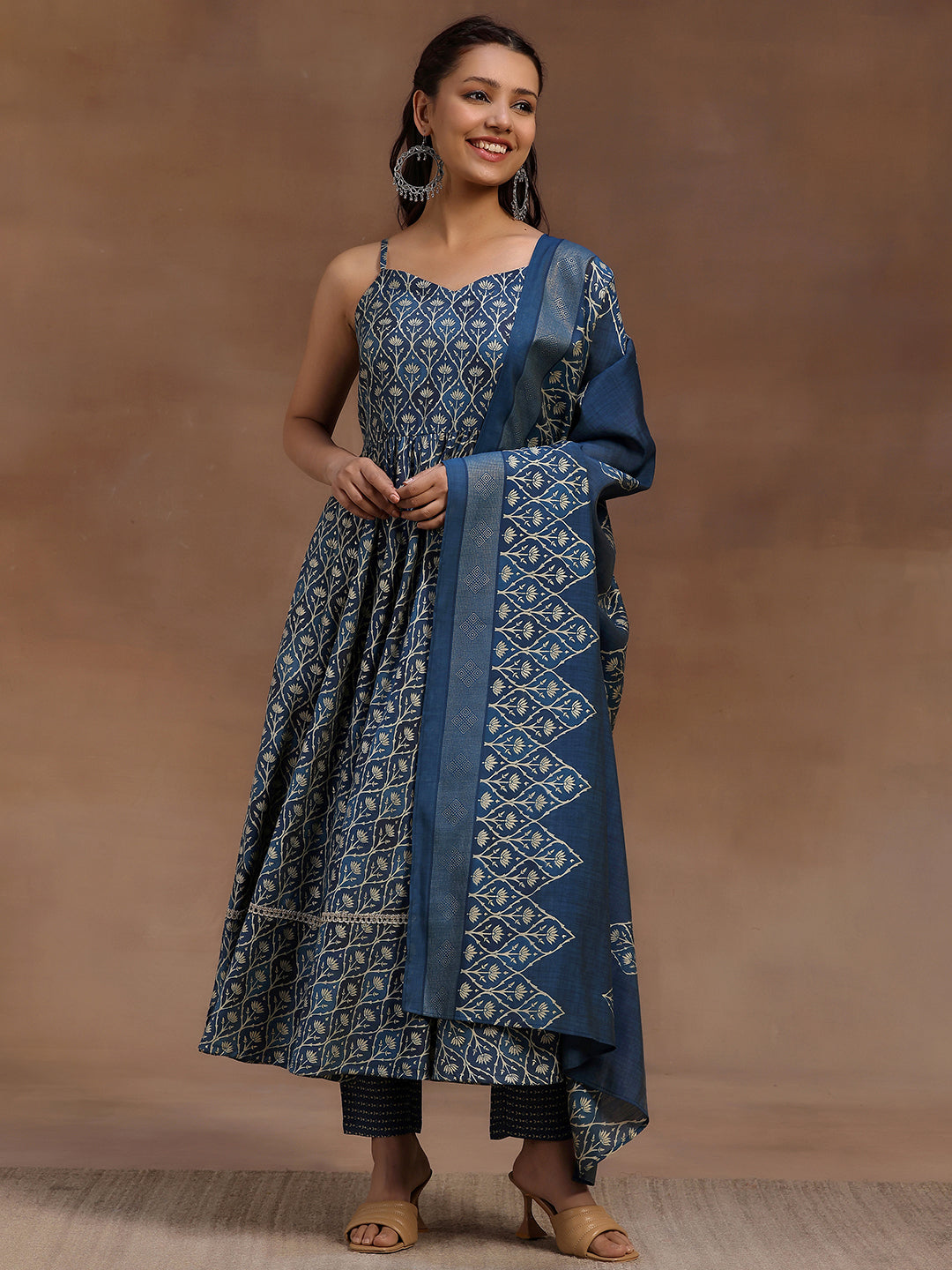 Blue Printed Silk Blend Anarkali Suit With Dupatta