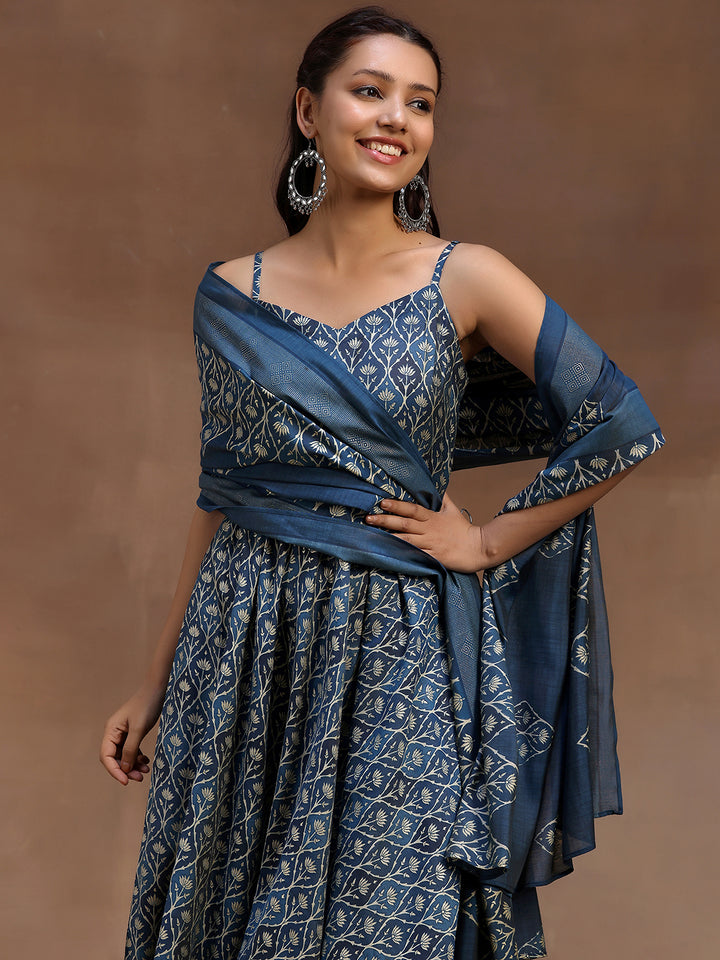 Blue Printed Silk Blend Anarkali Suit With Dupatta