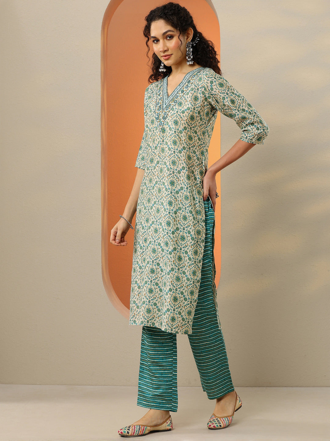 Blue Printed Silk Blend Straight Suit With Dupatta
