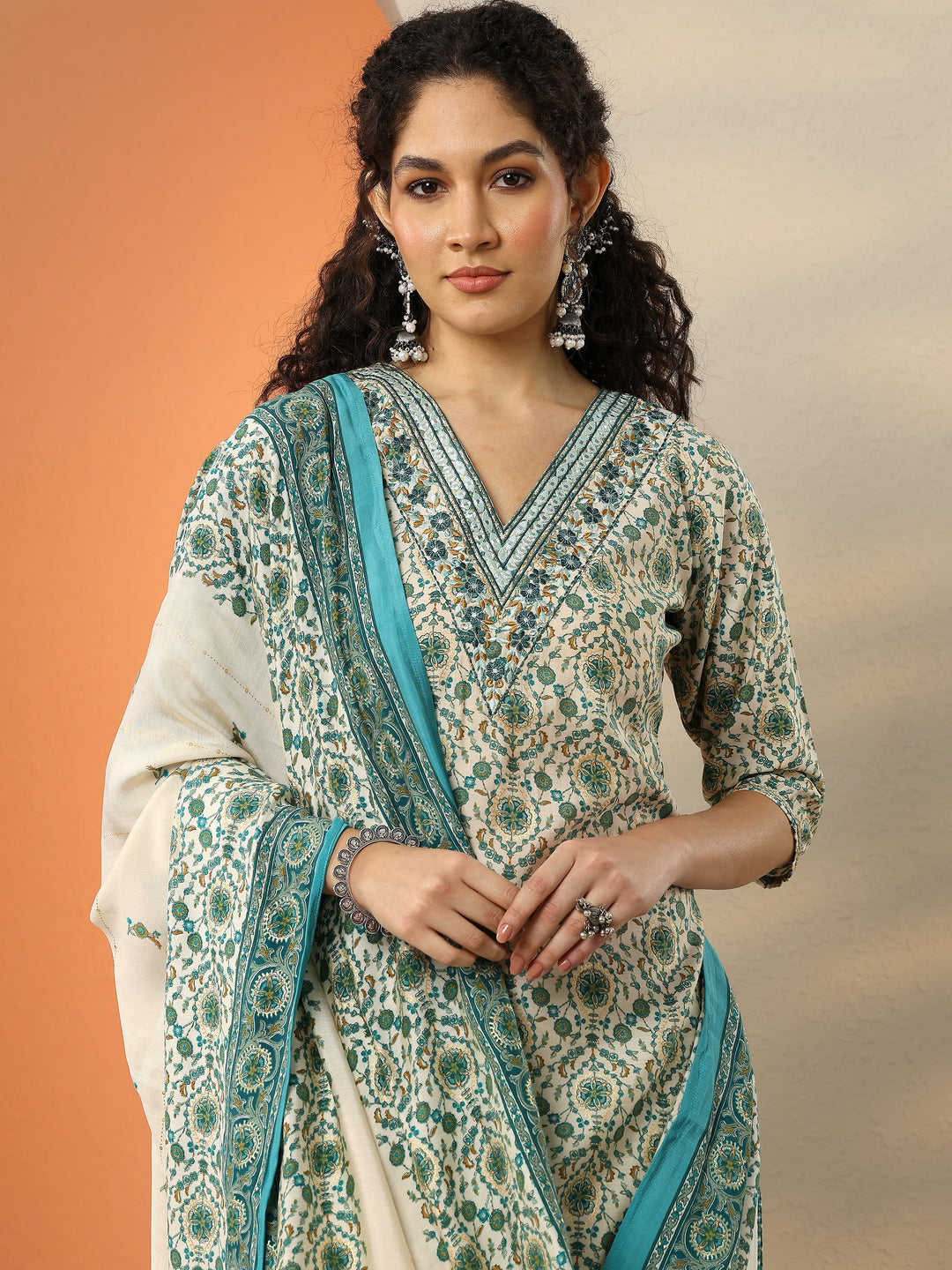 Blue Printed Silk Blend Straight Suit With Dupatta