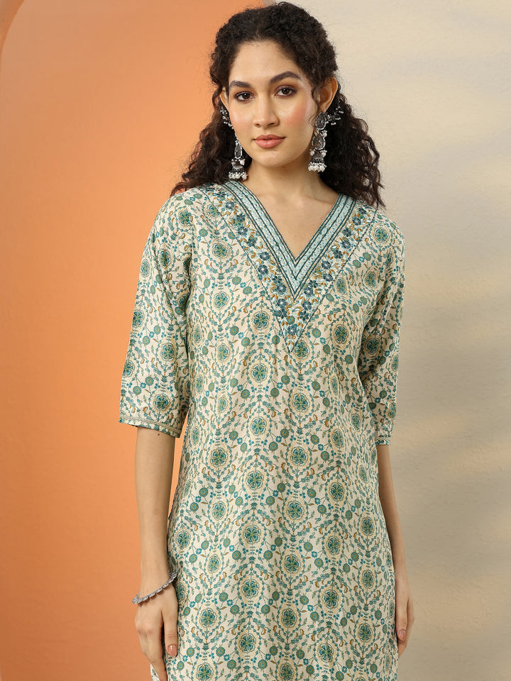 Blue Printed Silk Blend Straight Suit With Dupatta