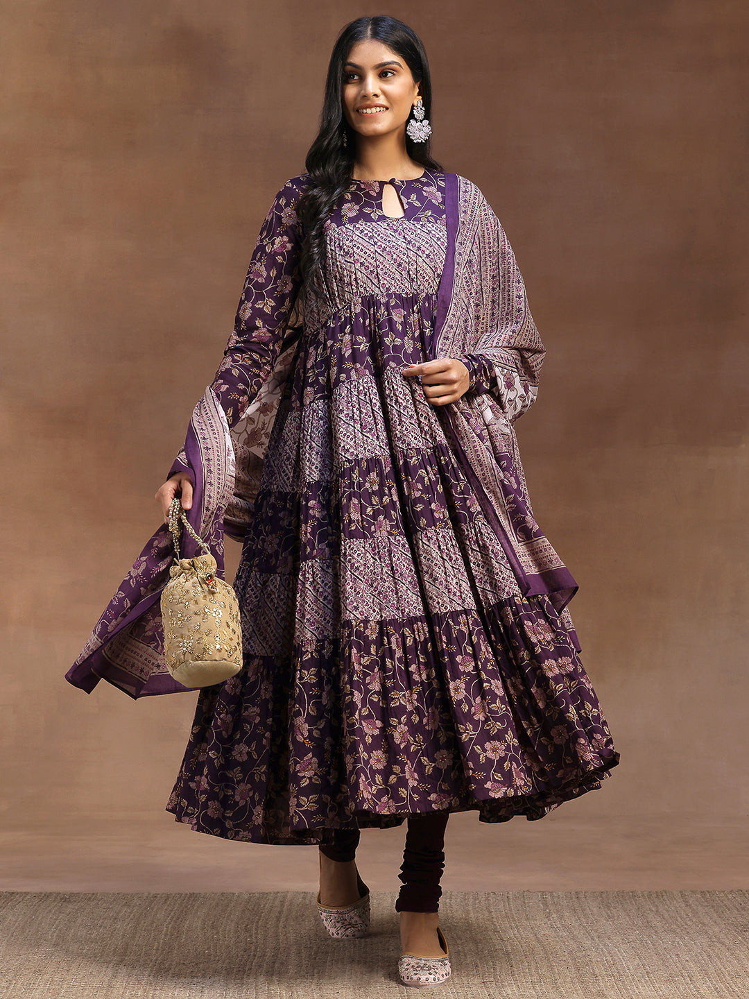 Purple Printed Cotton A-Line Kurta With Churidar Dupatta
