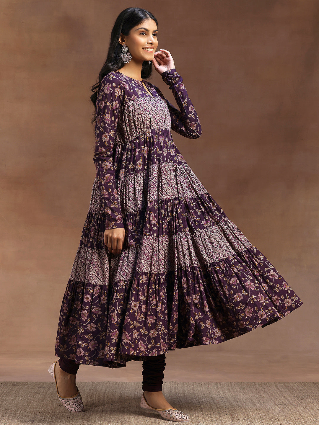Purple Printed Cotton A-Line Kurta With Churidar & Dupatta