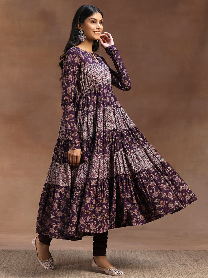 Purple Printed Cotton A-Line Kurta With Churidar & Dupatta