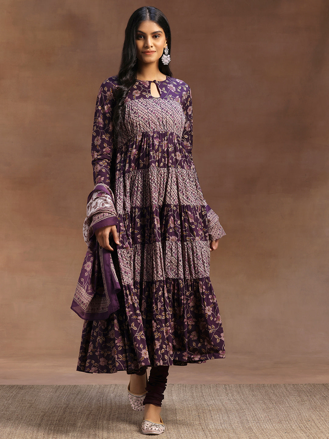 Purple Printed Cotton A-Line Kurta With Churidar & Dupatta