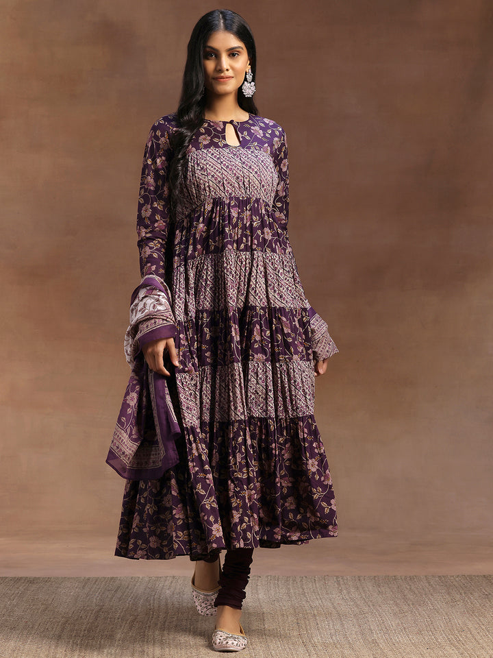 Purple Printed Cotton A-Line Kurta With Churidar & Dupatta