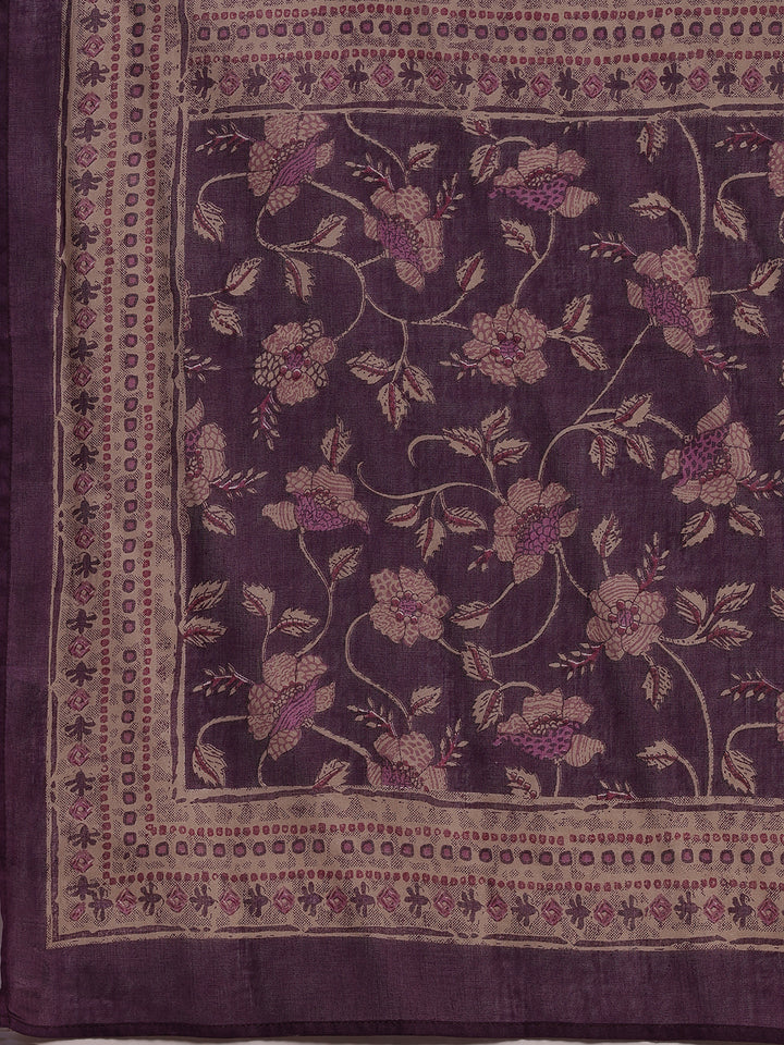 Purple Printed Cotton A-Line Kurta With Churidar & Dupatta