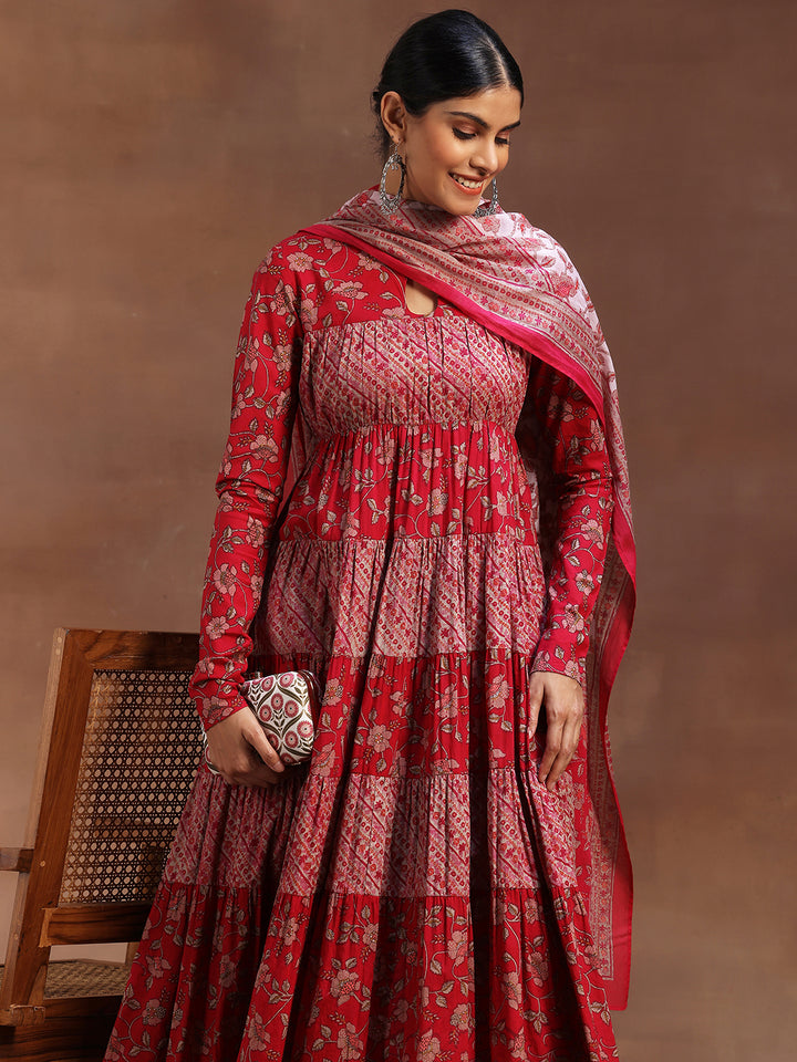 Pink Printed Cotton A-Line Kurta With Churidar & Dupatta