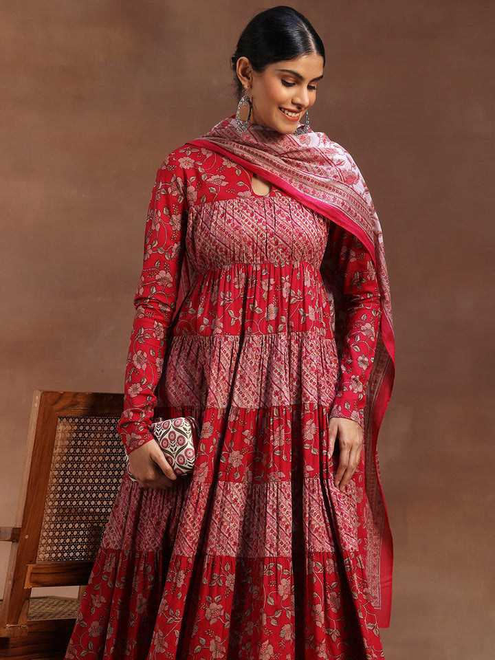 Pink Printed Cotton A-Line Kurta With Churidar & Dupatta