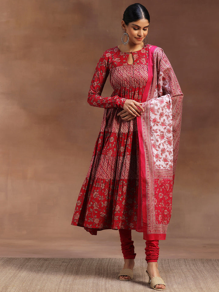 Pink Printed Cotton A-Line Kurta With Churidar & Dupatta