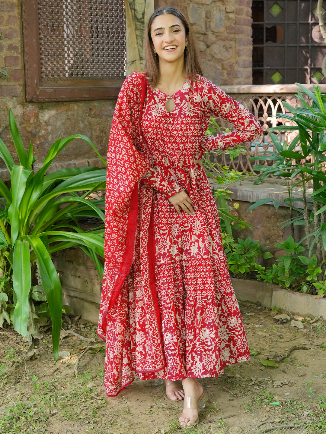 Chinar Pink Printed Cotton A-Line Kurta With Trousers & Dupatta