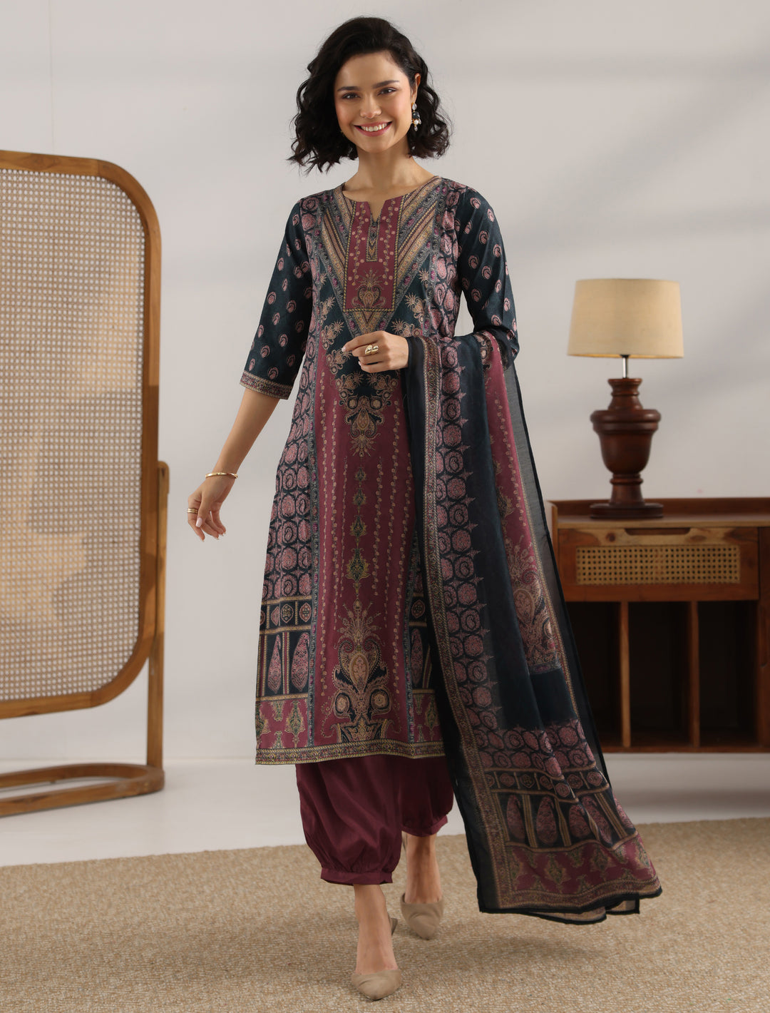 Black Printed Crepe Straight Suit With Dupatta