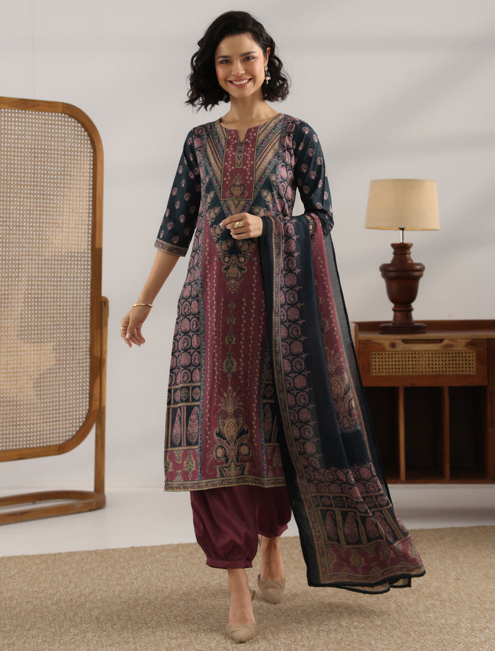 Black Printed Crepe Straight Suit With Dupatta