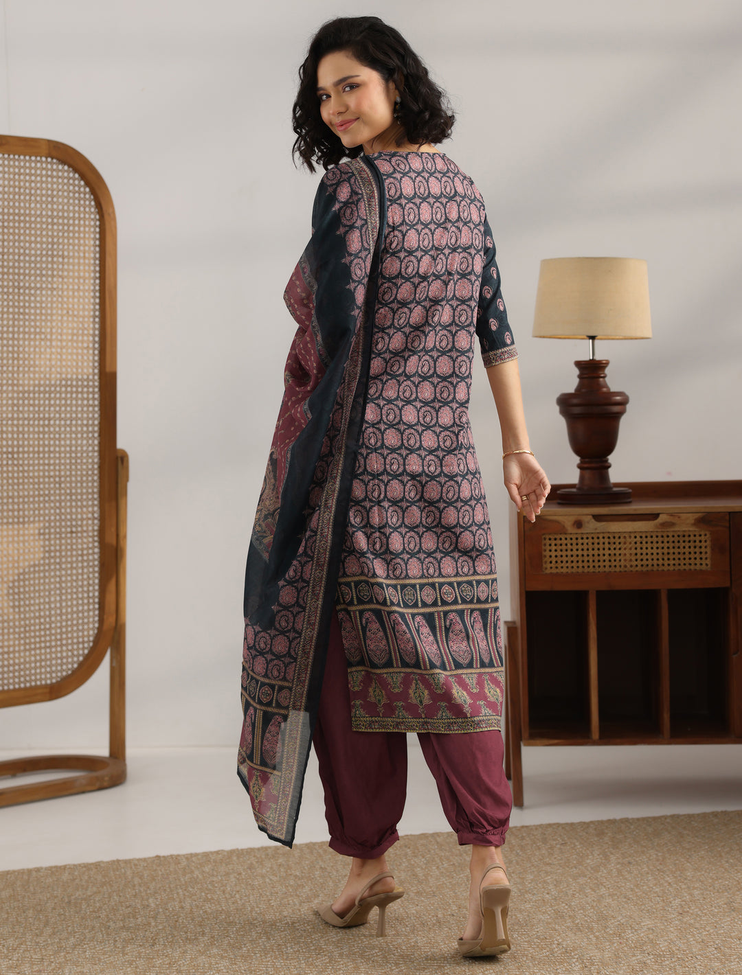 Black Printed Cotton Straight Suit With Dupatta