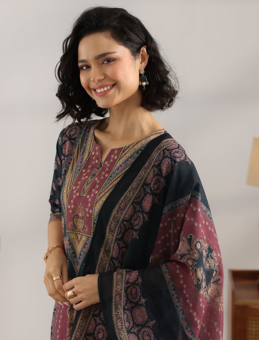 Black Printed Crepe Straight Suit With Dupatta