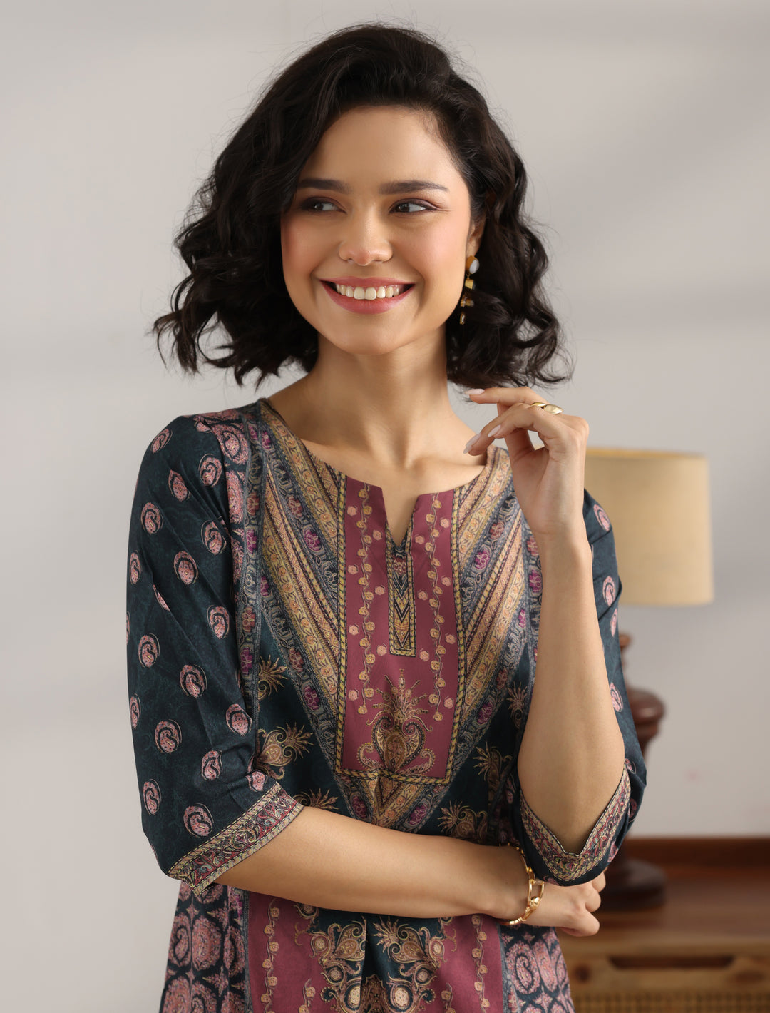 Black Printed Crepe Straight Suit With Dupatta