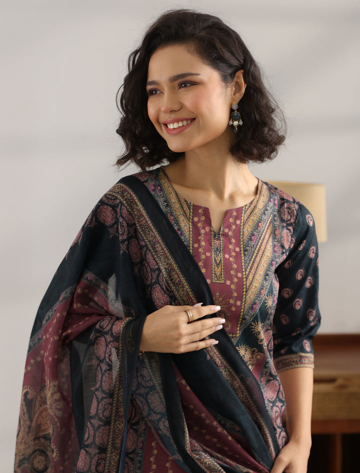 Black Printed Cotton Straight Suit With Dupatta