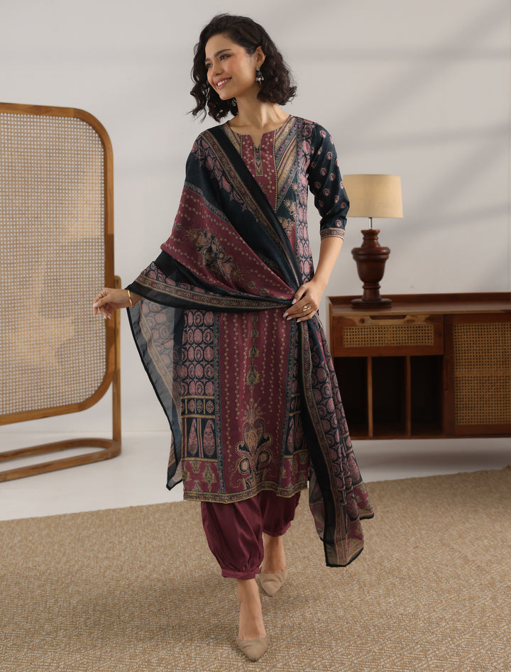 Black Printed Cotton Straight Suit With Dupatta