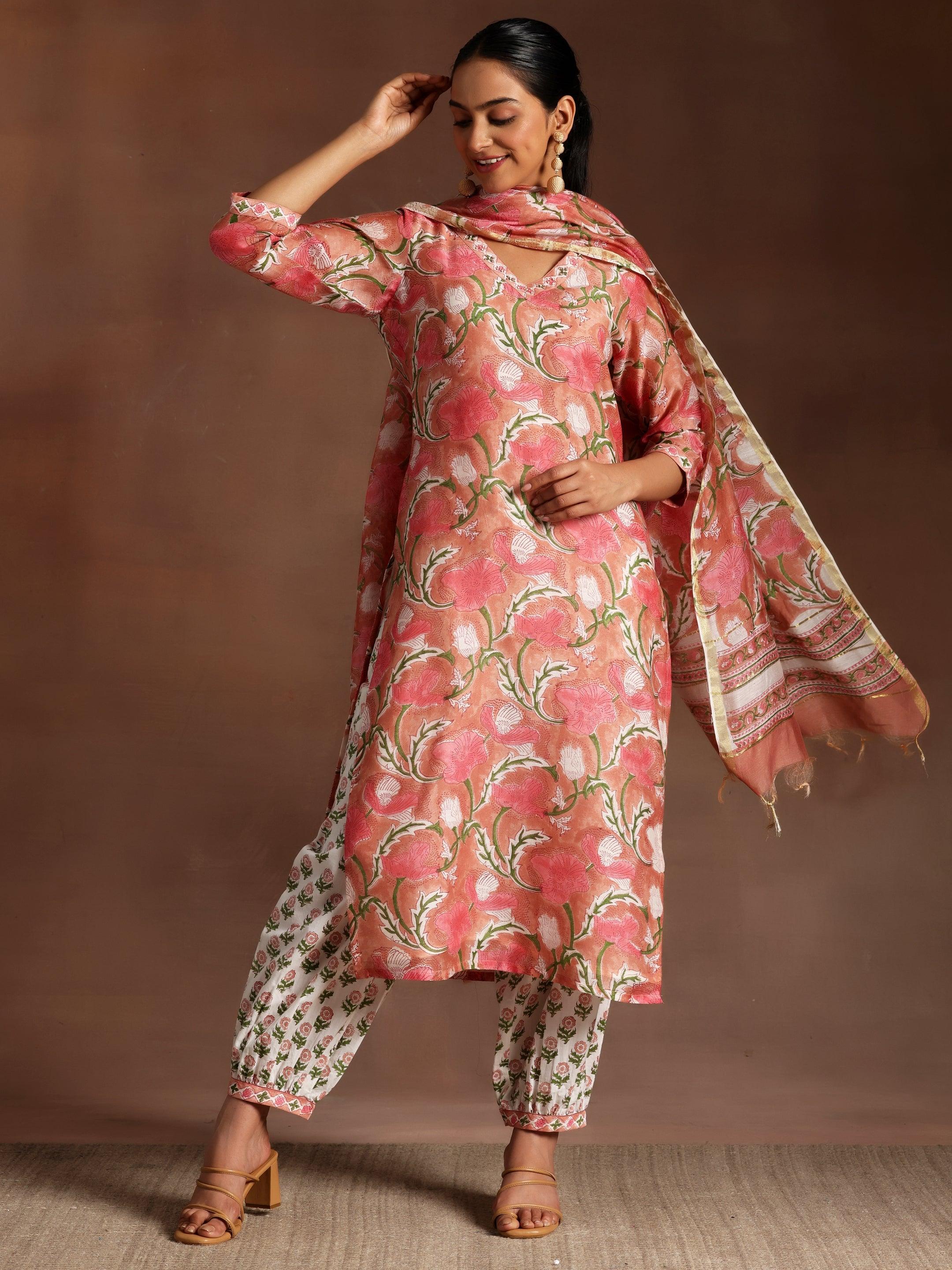 Plus Size Peach Printed Cotton Straight Suit Set With Dupatta