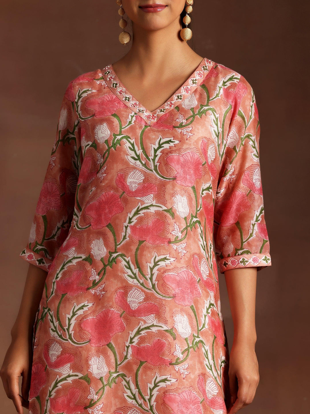 Peach Printed Cotton Straight Kurta With Salwar & Dupatta - ShopLibas