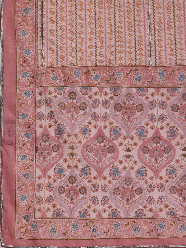 Pink Printed Cotton A-Line Kurta With Palazzos & Dupatta