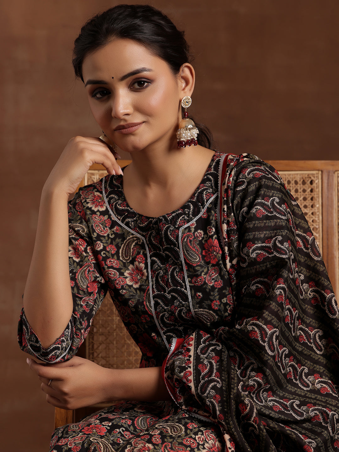 Black Printed Cotton Straight Suit With Dupatta