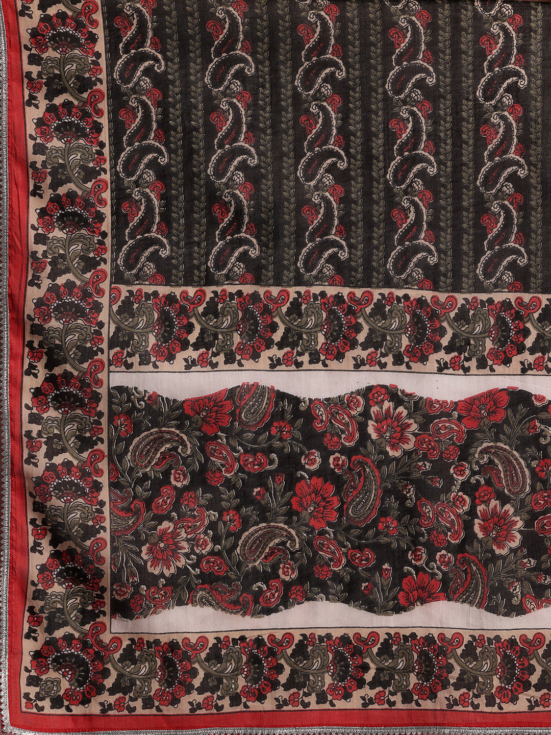 Black Printed Cotton Straight Suit With Dupatta