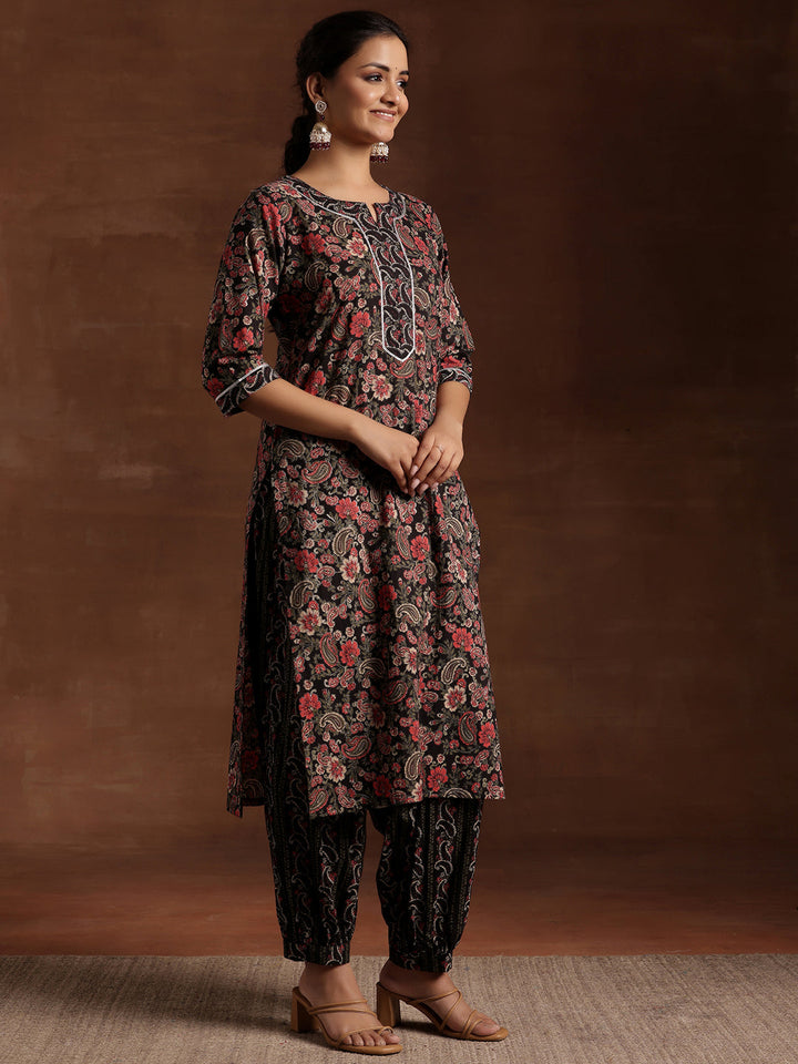 Black Printed Cotton Straight Suit With Dupatta