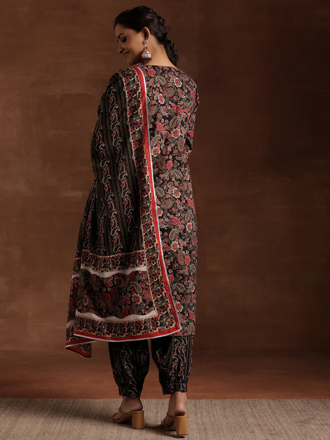 Black Printed Cotton Straight Suit With Dupatta