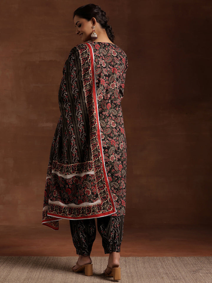 Black Printed Cotton Straight Suit With Dupatta