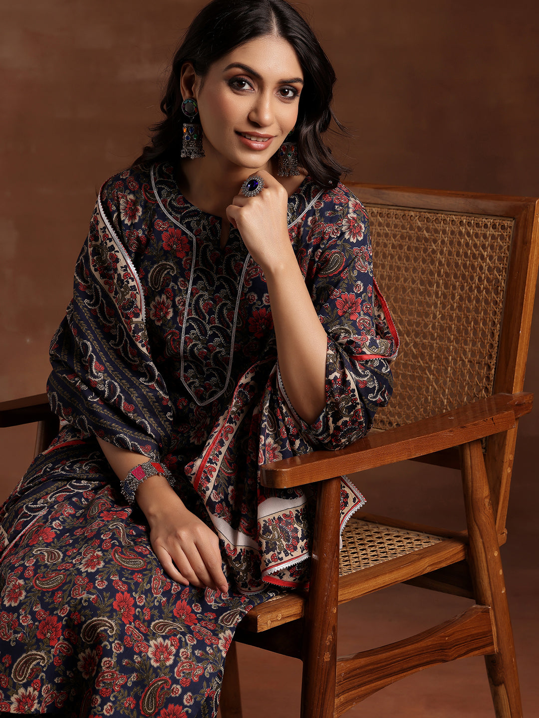 Blue Printed Cotton Straight Suit With Dupatta