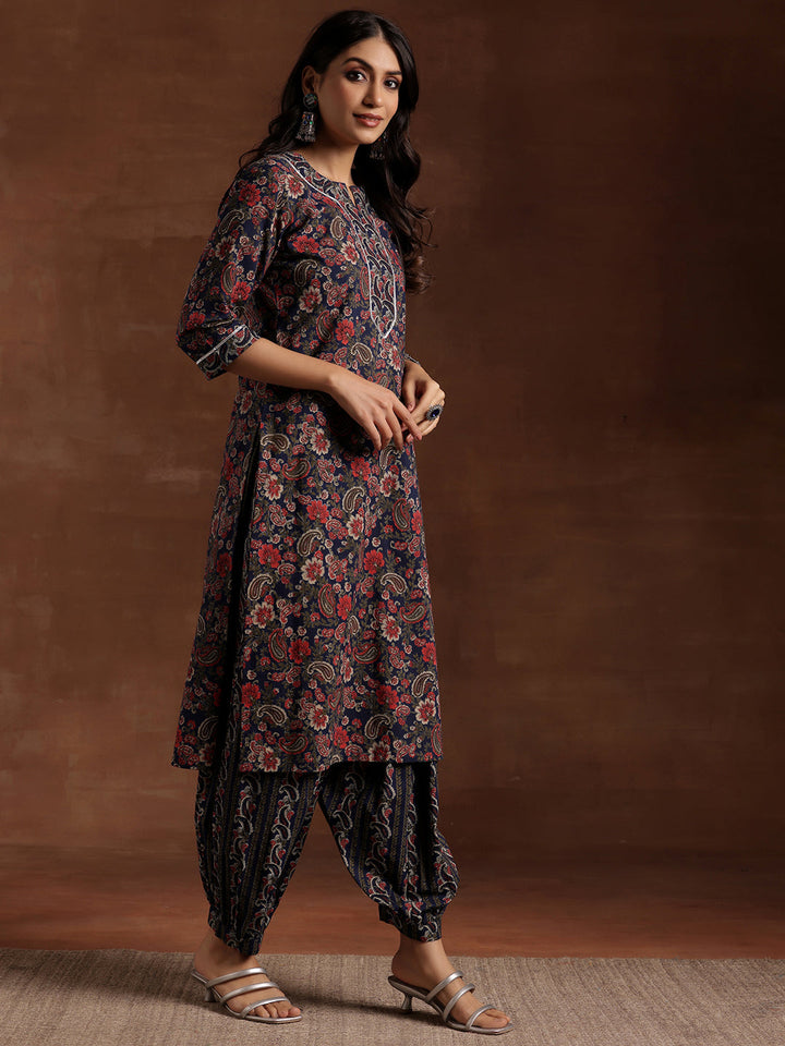 Blue Printed Cotton Straight Suit With Dupatta