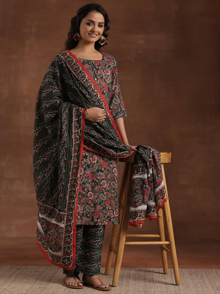 Green Printed Cotton Straight Suit With Dupatta