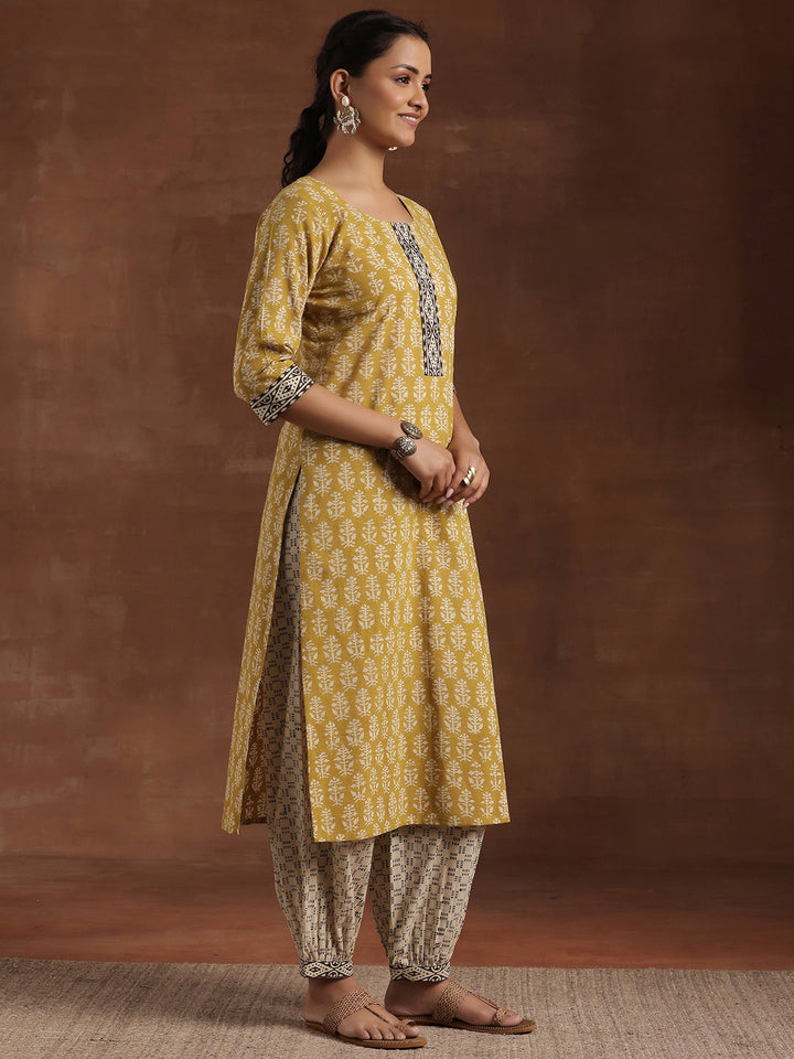 Olive Printed Cotton Straight Suit With Dupatta